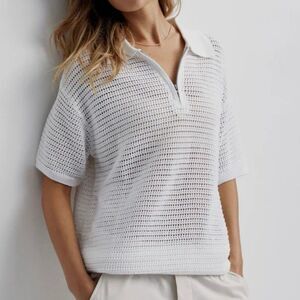 Varley Clayton Cotton Mesh Knit Polo White M Oversized Quarter Zip